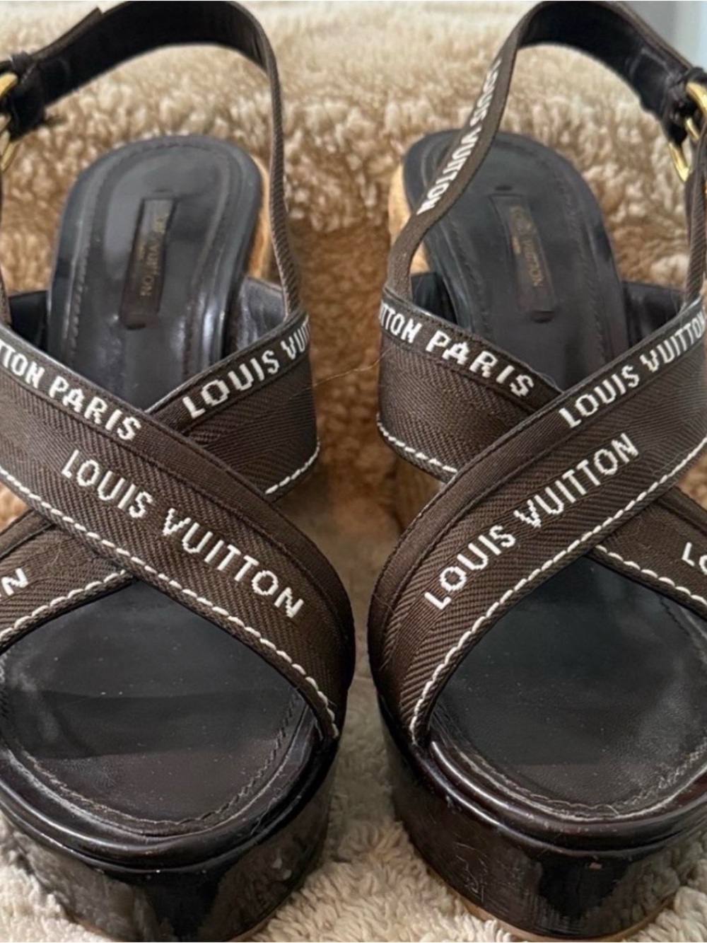 Louis Vuitton Dark Brown Espadrille Wedge Sandals